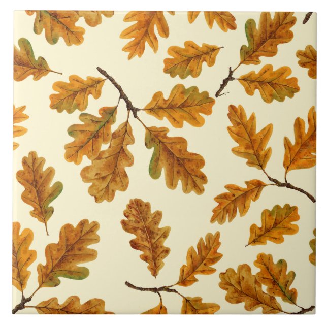 Autumnal oak leaves on off white ceramic tile (Front)