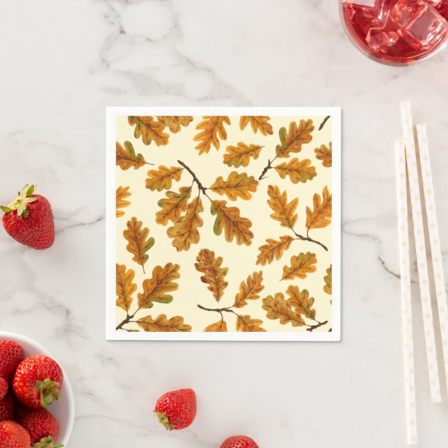 Autumnal oak leaves on off white napkin (Insitu)