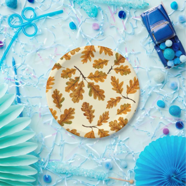 Autumnal oak leaves on off white paper plate (Party)