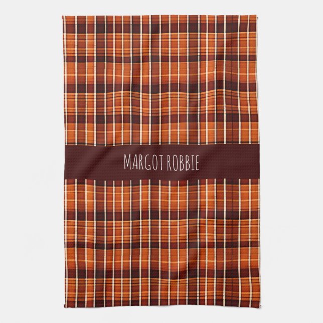 Autumnal Plaid Orange Brown Geometric Pattern Tea Towel (Vertical)