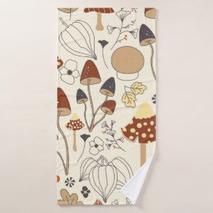 Autumnal seamless pattern with mushrooms, flowers, bath towel