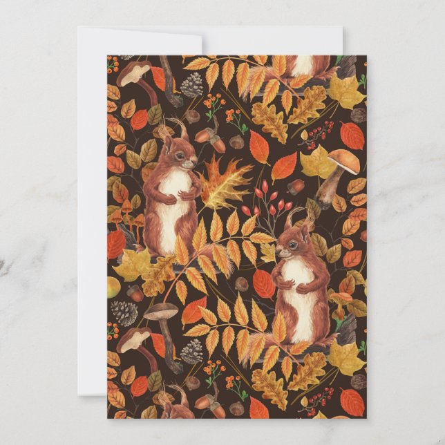 Autumnal squirrels and flora on dark brown (Front)