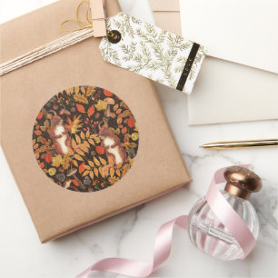 Autumnal squirrels and flora on dark brown classic round sticker