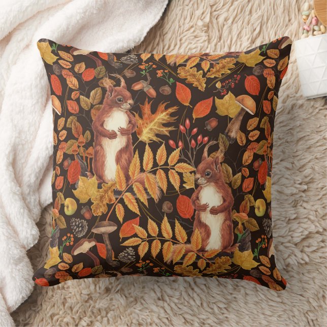 Autumnal squirrels and flora on dark brown cushion (Blanket)