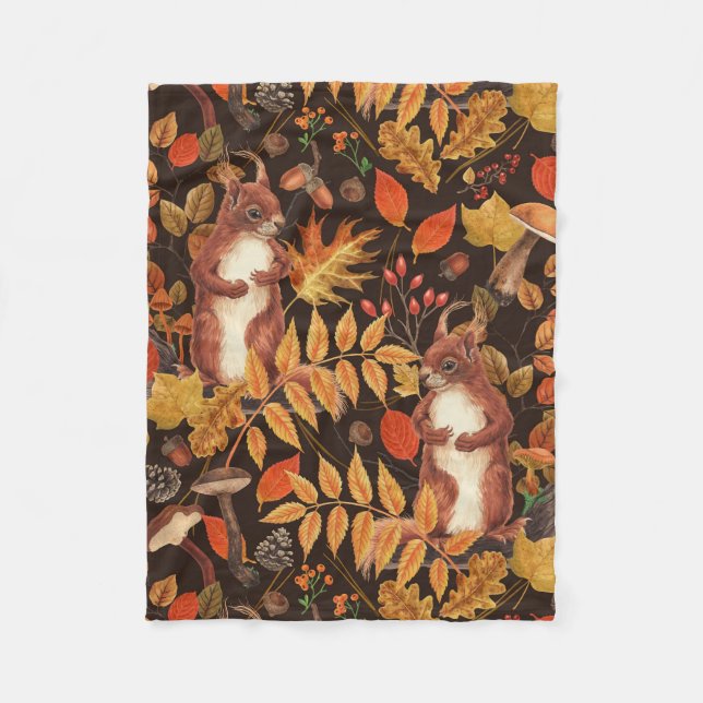 Autumnal squirrels and flora on dark brown fleece blanket (Front)
