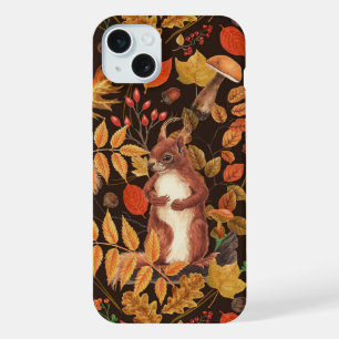 Autumnal squirrels and flora on dark brown iPhone 15 plus case