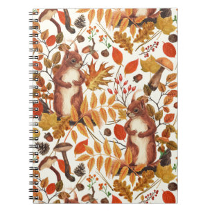 Autumnal squirrels and flora on dark brown notebook