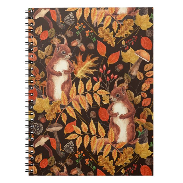 Autumnal squirrels and flora on dark brown notebook (Front)