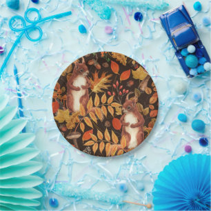 Autumnal squirrels and flora on dark brown paper plate