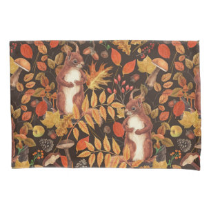 Autumnal squirrels and flora on dark brown pillowcase