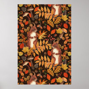 Autumnal squirrels and flora on dark brown poster