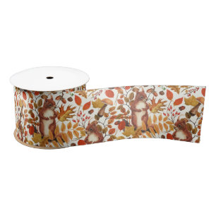 Autumnal squirrels and flora on dark brown satin ribbon