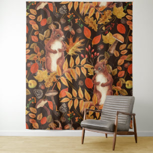 Autumnal squirrels and flora on dark brown tapestry