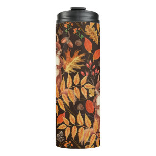Autumnal squirrels and flora on dark brown thermal tumbler