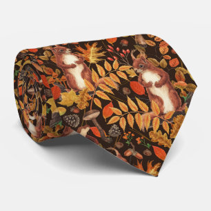 Autumnal squirrels and flora on dark brown tie