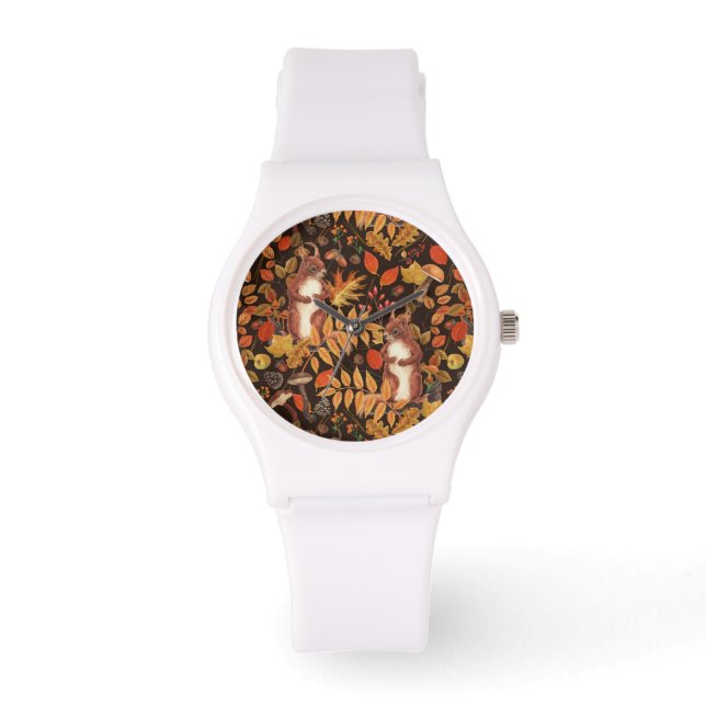 Autumnal squirrels and flora on dark brown watch (Front)