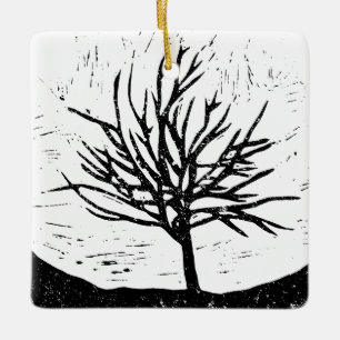 Autumnal Tree Lino Print Ceramic Ornament