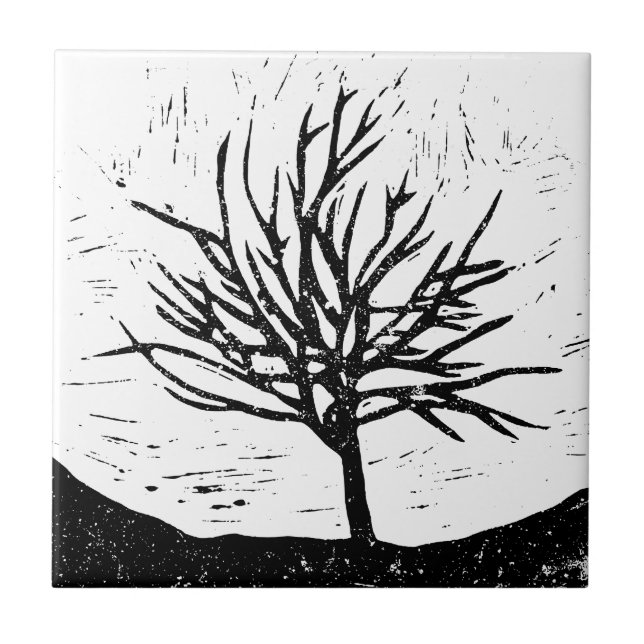 Autumnal Tree Lino Print Ceramic Tile (Front)