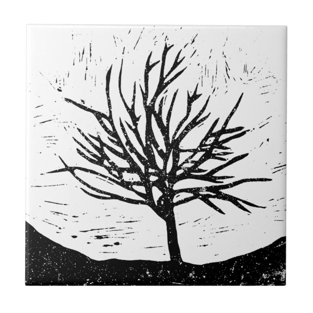 Autumnal Tree Lino Print Ceramic Tile (Front)