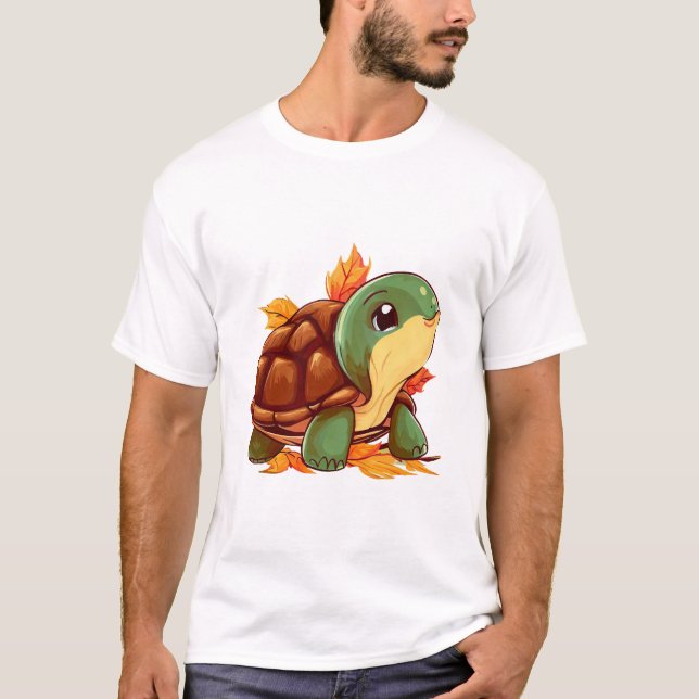 Autumnal Turtle Stroll through Falling Leaves T-Shirt (Front)