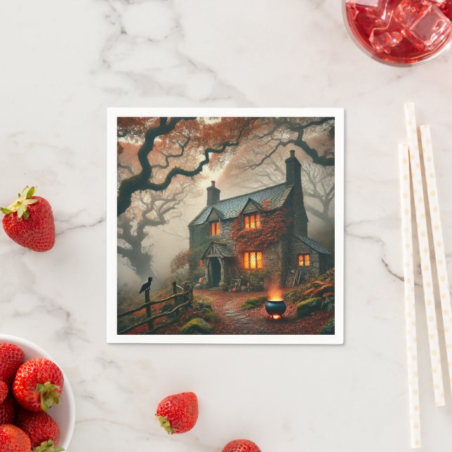 Autumnal Whimsigoth Witches Cottage Decoupage Napkin (Insitu)