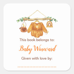 AutumnFall Clothes Line Girl Baby Shower  Bookplat Square Sticker