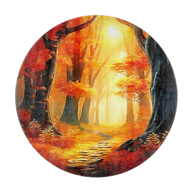 Autumn's Embrace: Fiery Forest Path Cutting Board (Front)