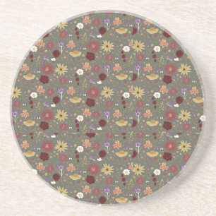 Autumn's Floral Embrace Green Background Coaster