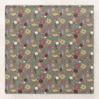 Autumn's Floral Embrace Green Background Glass Coaster