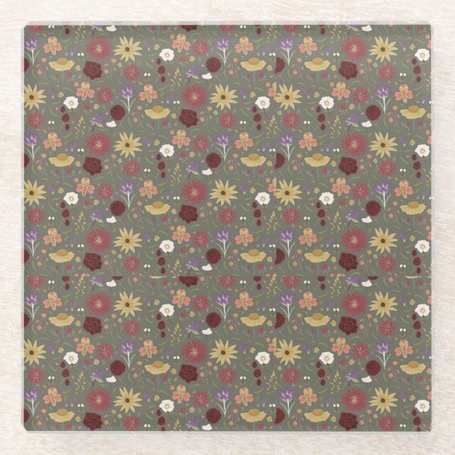 Autumn's Floral Embrace Green Background Glass Coaster (Front)