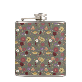 Autumn's Floral Embrace Green Background Hip Flask