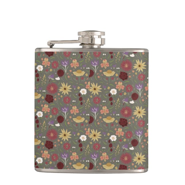 Autumn's Floral Embrace Green Background Hip Flask (Front)
