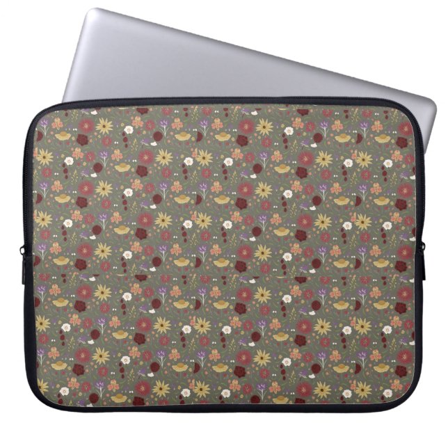 Autumn's Floral Embrace Green Background Laptop Sleeve (Front)