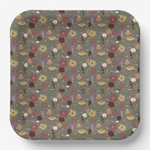 Autumn's Floral Embrace Green Background Paper Plate