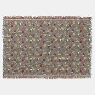 Autumn's Floral Embrace Green Background Throw Blanket