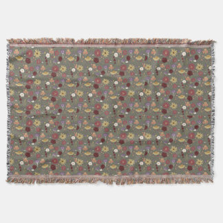 Autumn's Floral Embrace Green Background Throw Blanket
