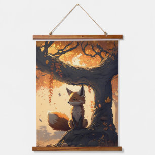 Autumn's Tiny Guardian: Cartoon Fox in Rusty Wonde Hanging Tapestry