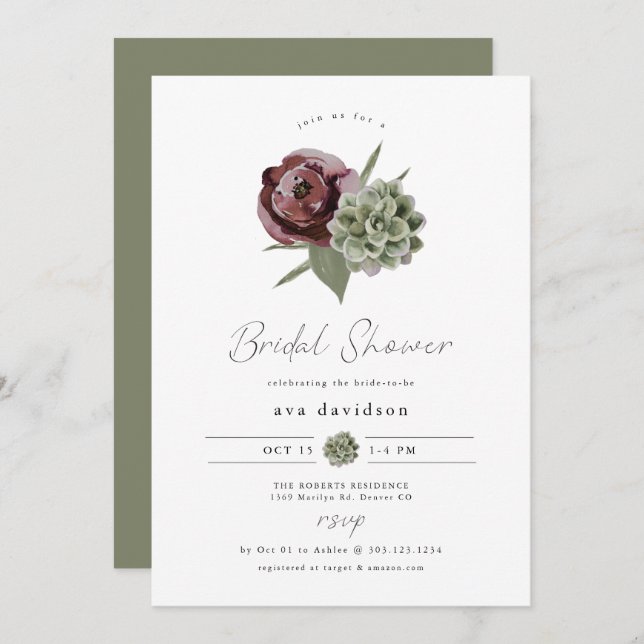 AVA Burgundy Floral Succulent Desert Bridal Shower Invitation (Front/Back)
