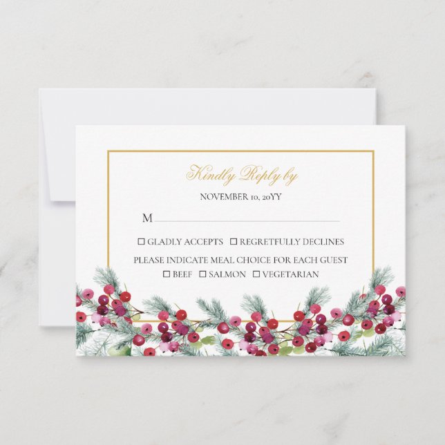 Ava Elegant Red Gold Christmas Meal Choice Wedding RSVP Card (Front)