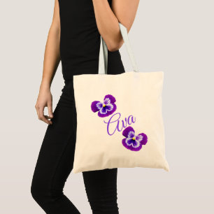 Ava, Name, Logo With Purple Pansies, Tote Bag
