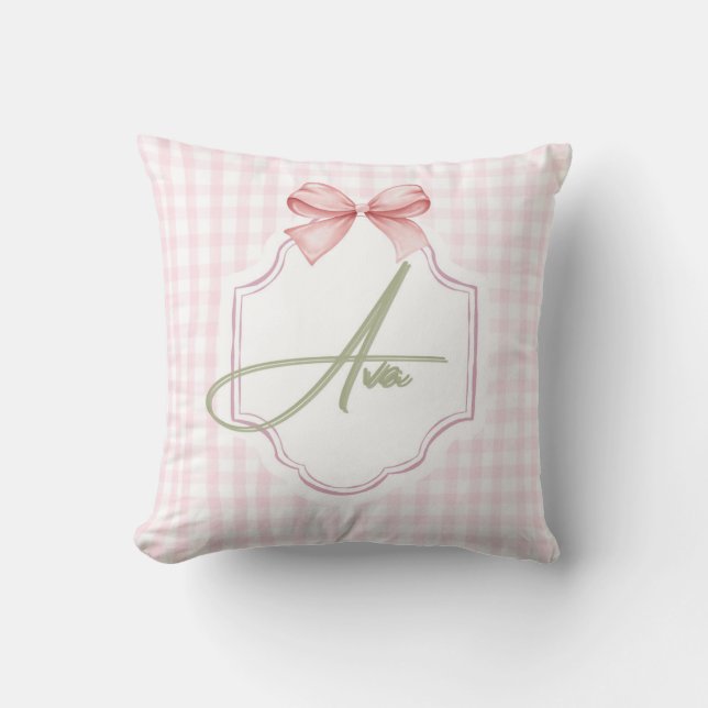 Ava Personalized Pink Bow & Gingham Print  Cushion (Front)