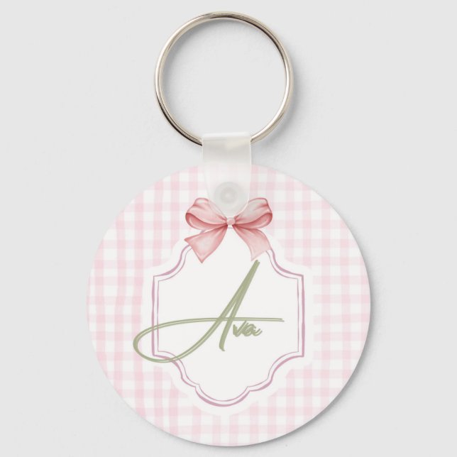 Ava Personalized Pink Bow & Gingham Print  Key Ring (Front)