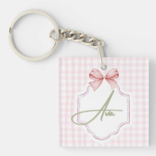 Ava Personalized Pink Bow & Gingham Print Key Ring