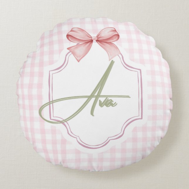 Ava Personalized Pink Bow & Gingham Print  Round Cushion (Front)
