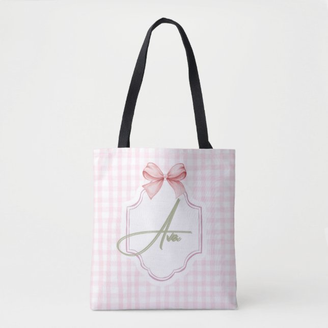 Ava Personalized Pink Bow & Gingham Print  Tote Bag (Front)