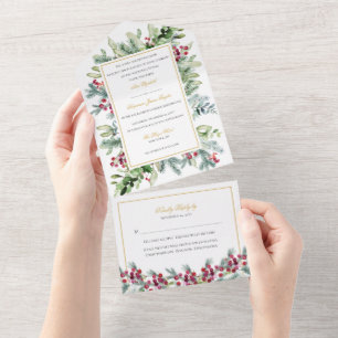 Ava Winter Berries Wedding Invitation with RSVP