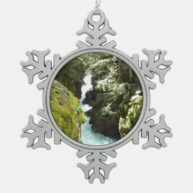 Avalanche Gorge II at Glacier National Park Snowflake Pewter Christmas Ornament (Front)