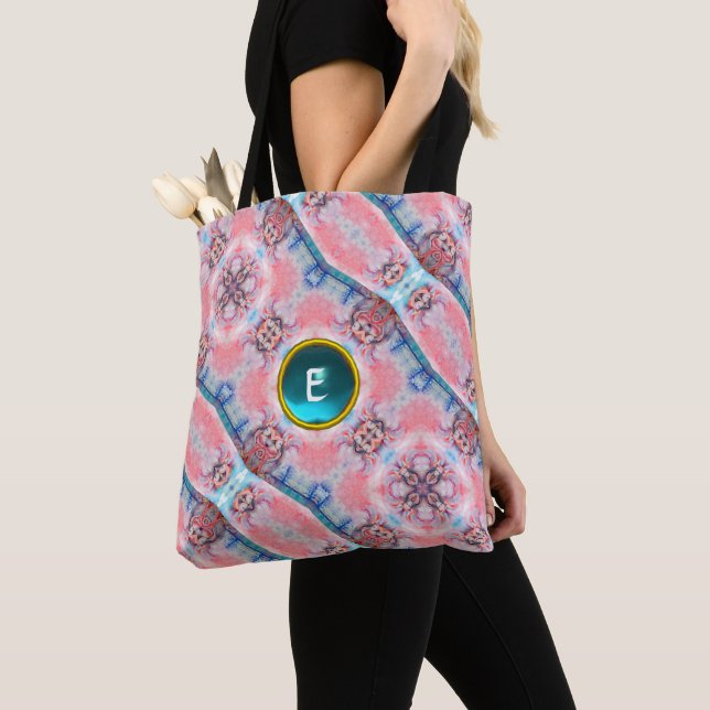 AVALON , ABSTRACT PINK AQUA BLUE GEM MONOGRAM TOTE BAG (Close Up)