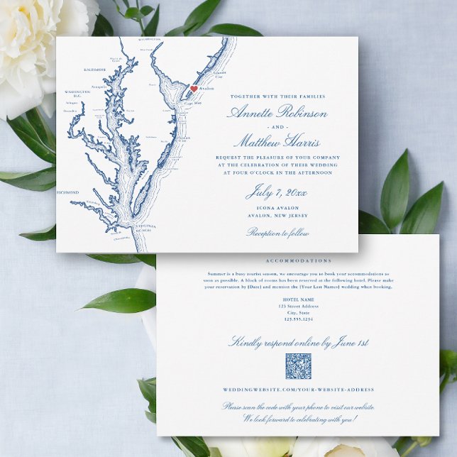Avalon NJ all-in-one QR code RSVP Wedding Invitation (Avalon NJ All-in-One QR code Wedding invitation in elegant Navy Blue from Coastal Map Designs)