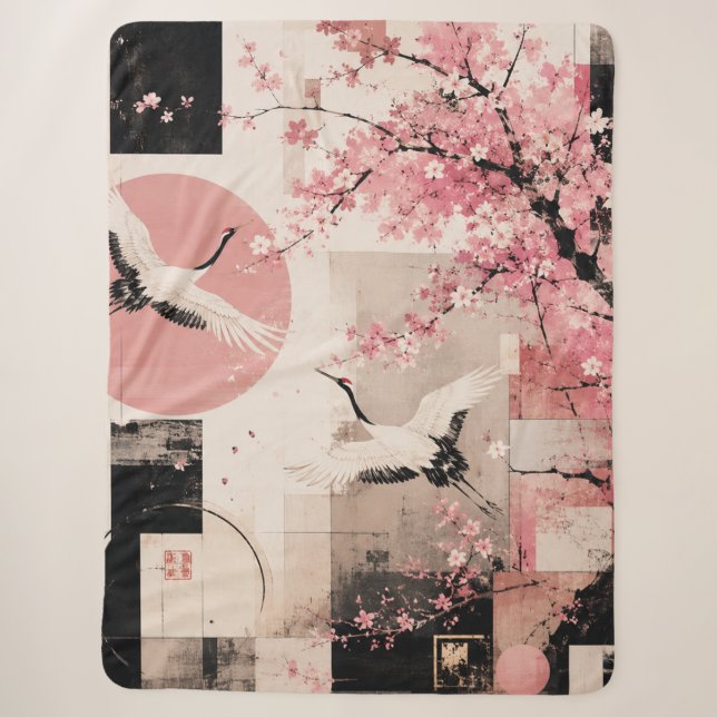 Avant-Garde Sakura & Cranes Harmony Sherpa Blanket (Front)